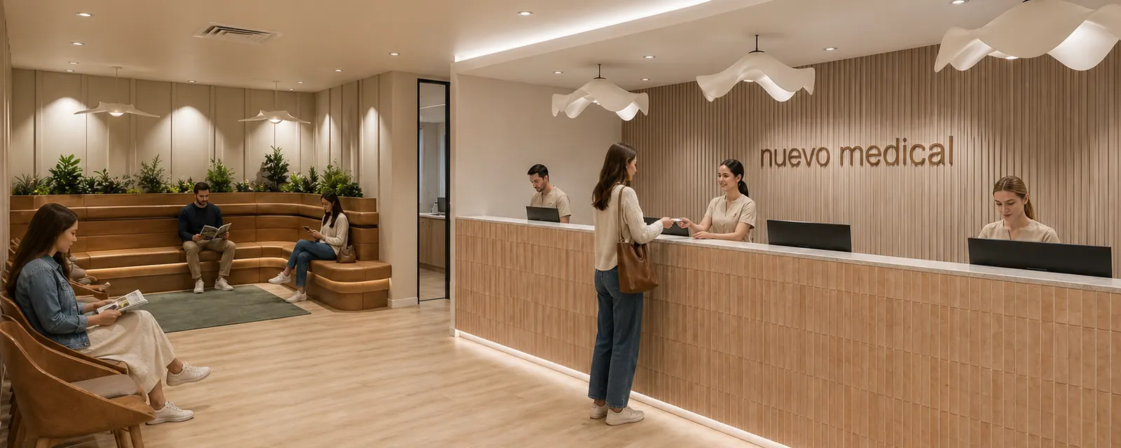 Reception and waiting area of the Nuevo Medical centre, with timber screening and seated waiting bays